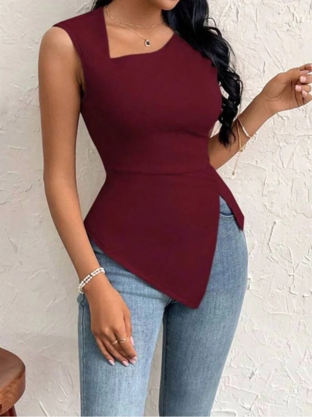 Burgundy Asymmetrical Peplum Top | Elegant Sleeveless Blouse